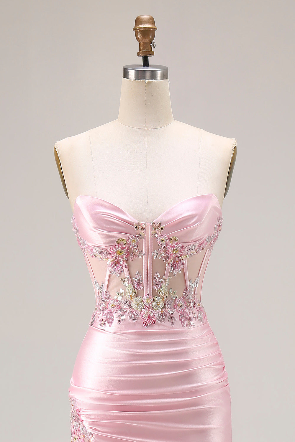 Strapless Pink Corset Appliqued Satin Prom Dress