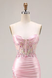 Strapless Pink Corset Appliqued Satin Prom Dress
