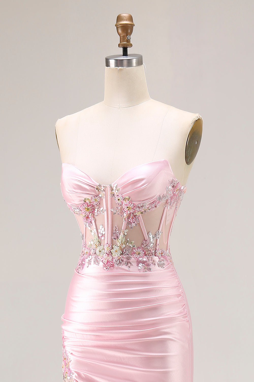 Strapless Pink Corset Appliqued Satin Prom Dress
