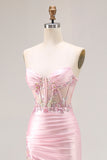 Strapless Pink Corset Appliqued Satin Prom Dress