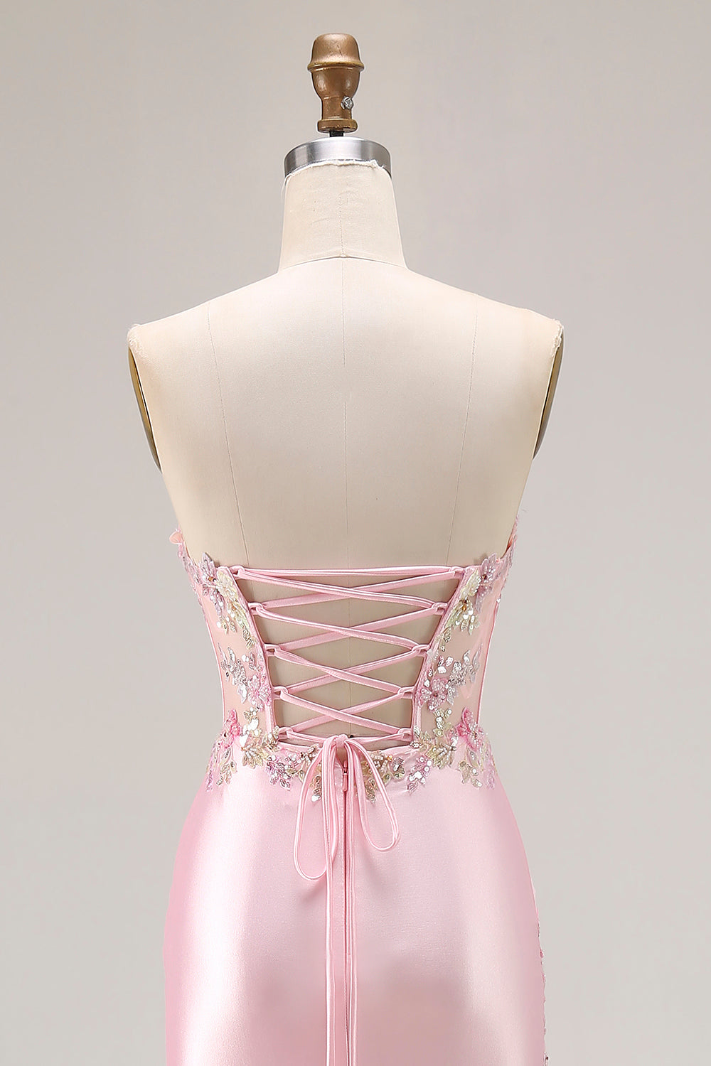 Strapless Pink Corset Appliqued Satin Prom Dress