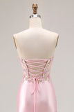 Strapless Pink Corset Appliqued Satin Prom Dress