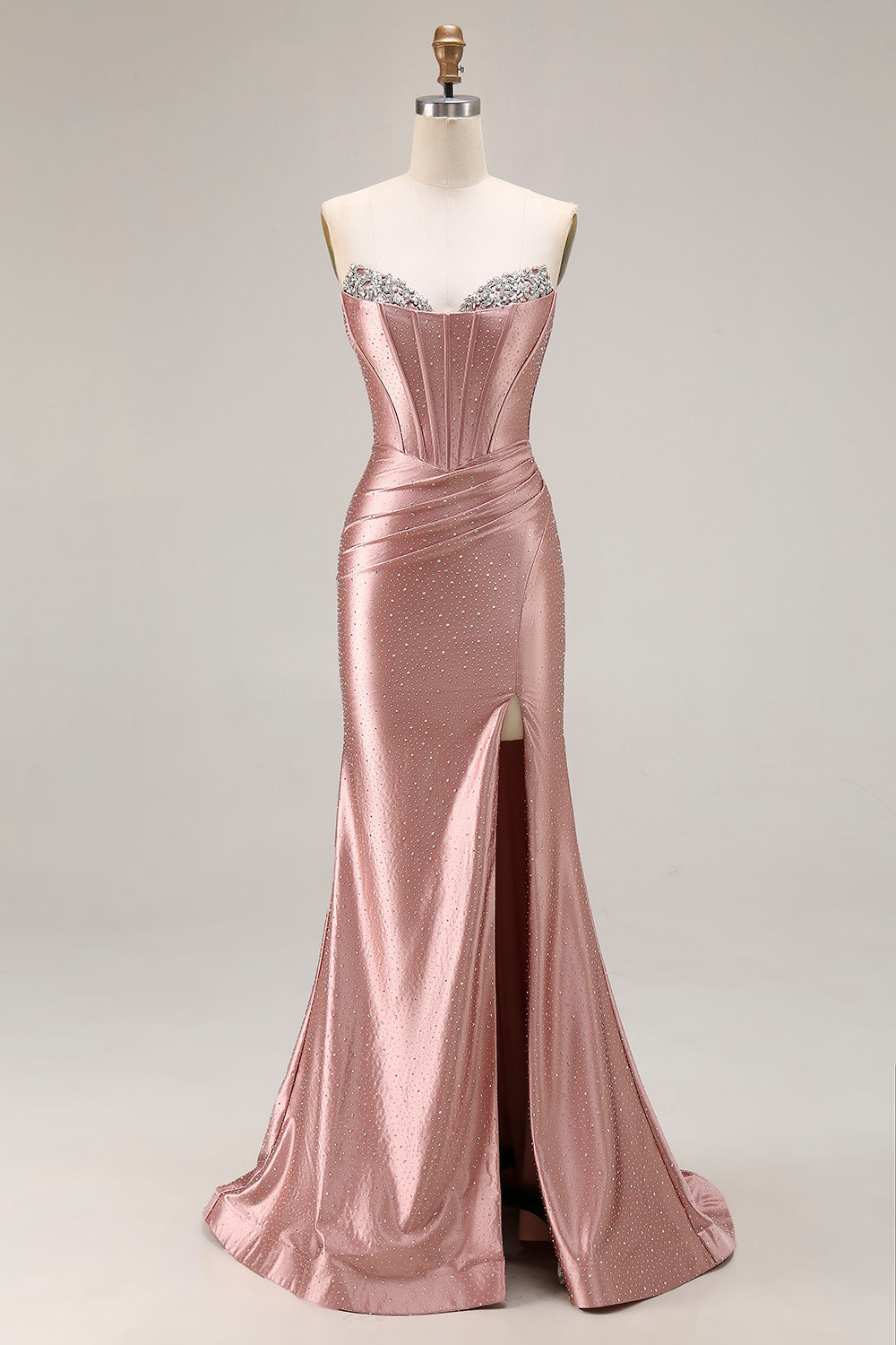 Mermaid Corset Strapless Dusty Rose Prom Dress with Rhinestones