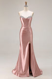 Mermaid Corset Strapless Dusty Rose Prom Dress with Rhinestones