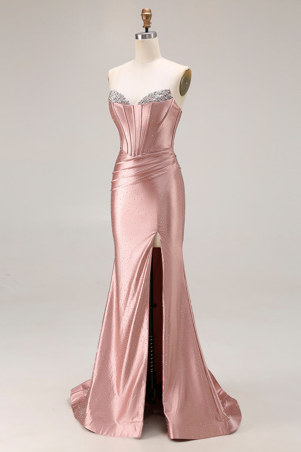 Mermaid Corset Strapless Dusty Rose Prom Dress with Rhinestones
