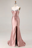 Mermaid Corset Strapless Dusty Rose Prom Dress with Rhinestones