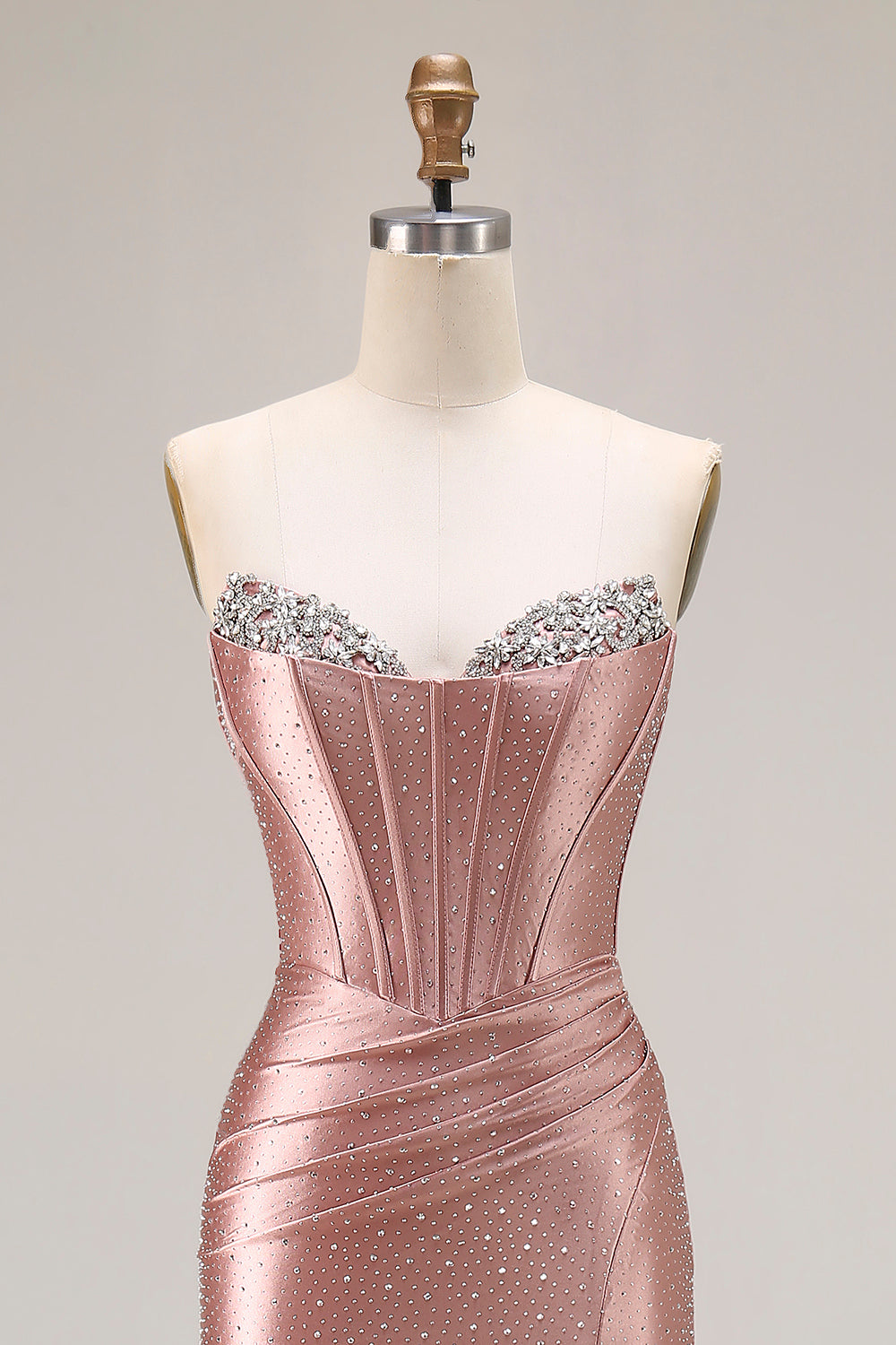 Mermaid Corset Strapless Dusty Rose Prom Dress with Rhinestones