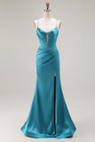 Peacock Blue Mermaid Corset Cut Out Ruched Prom Dress