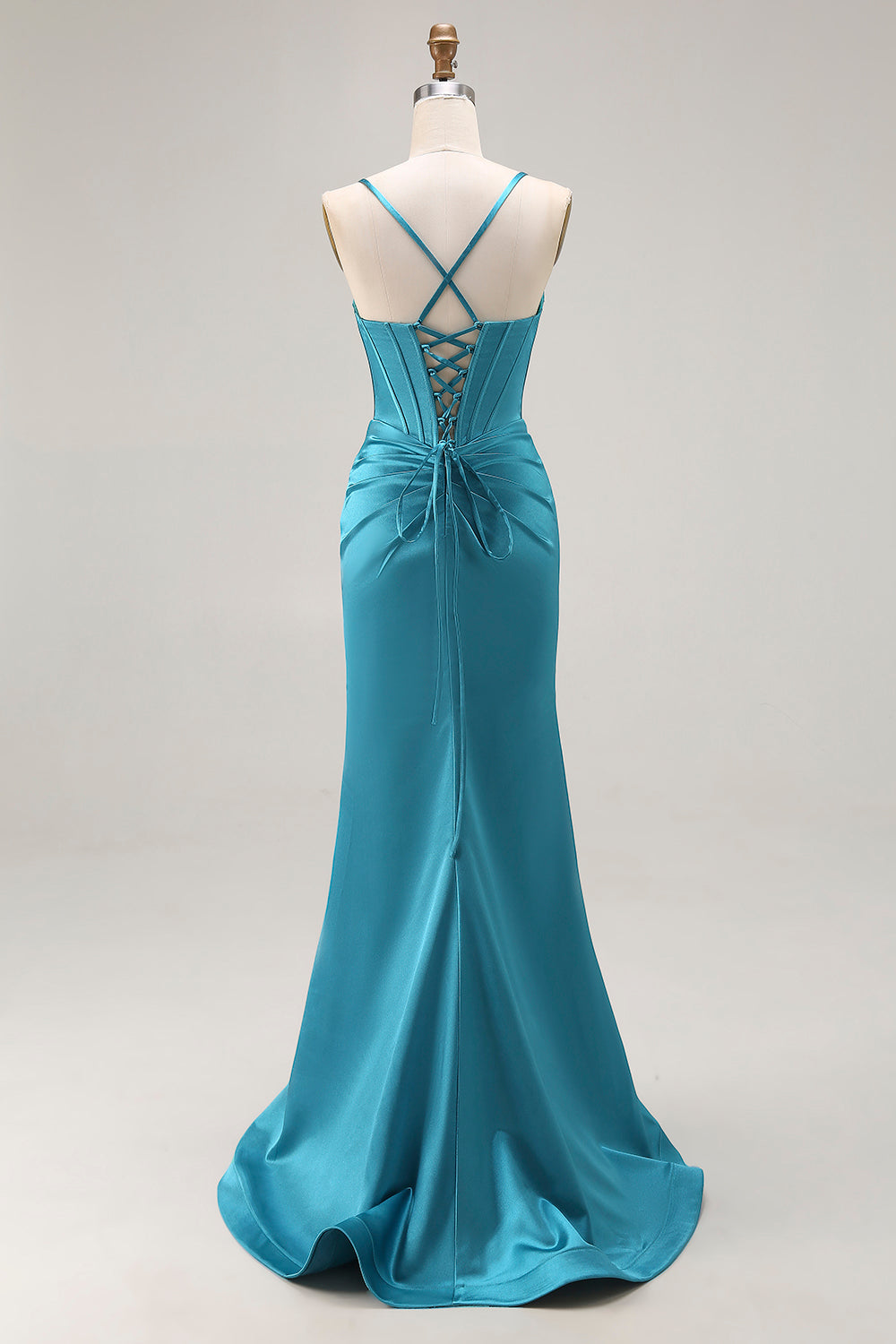 Peacock Blue Mermaid Corset Cut Out Ruched Prom Dress
