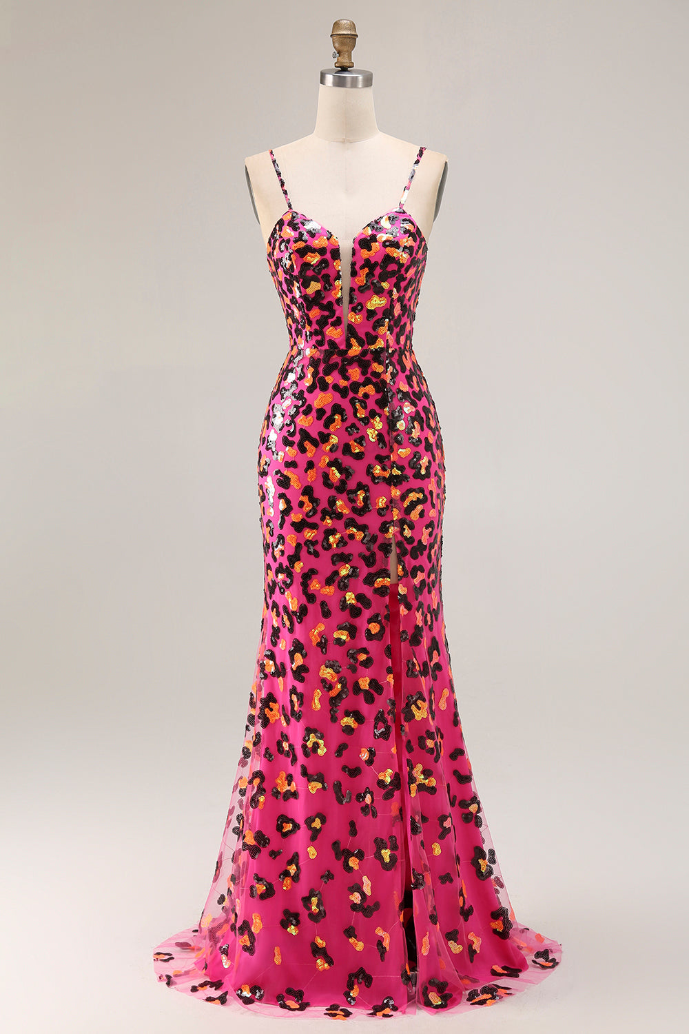 Fuchsia Leopard Mermaid Spaghetti Straps Prom Dress