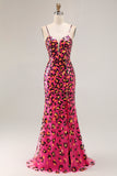 Fuchsia Leopard Mermaid Spaghetti Straps Prom Dress