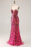Fuchsia Leopard Mermaid Spaghetti Straps Prom Dress