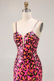 Fuchsia Leopard Mermaid Spaghetti Straps Prom Dress