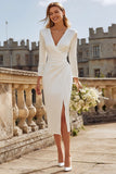 Long Sleeve V Neck Bodycon Ruched Ivory Engagement Dress