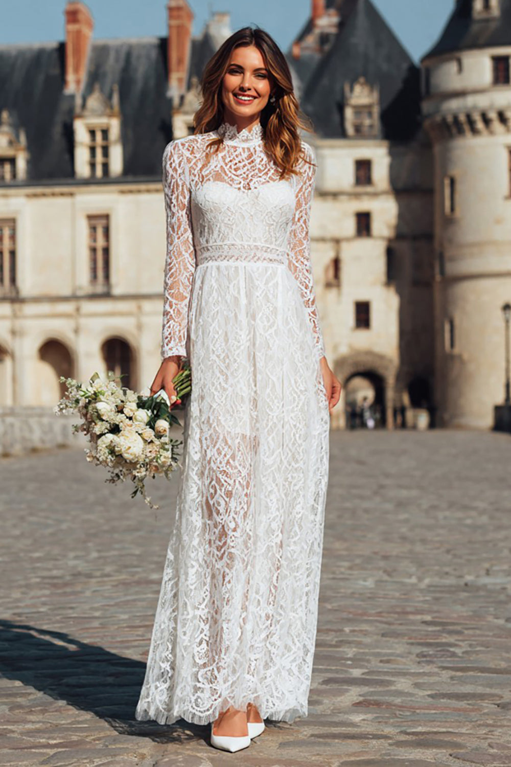 Long Sleeve High Neck Ivory Engagement Dress with Lace