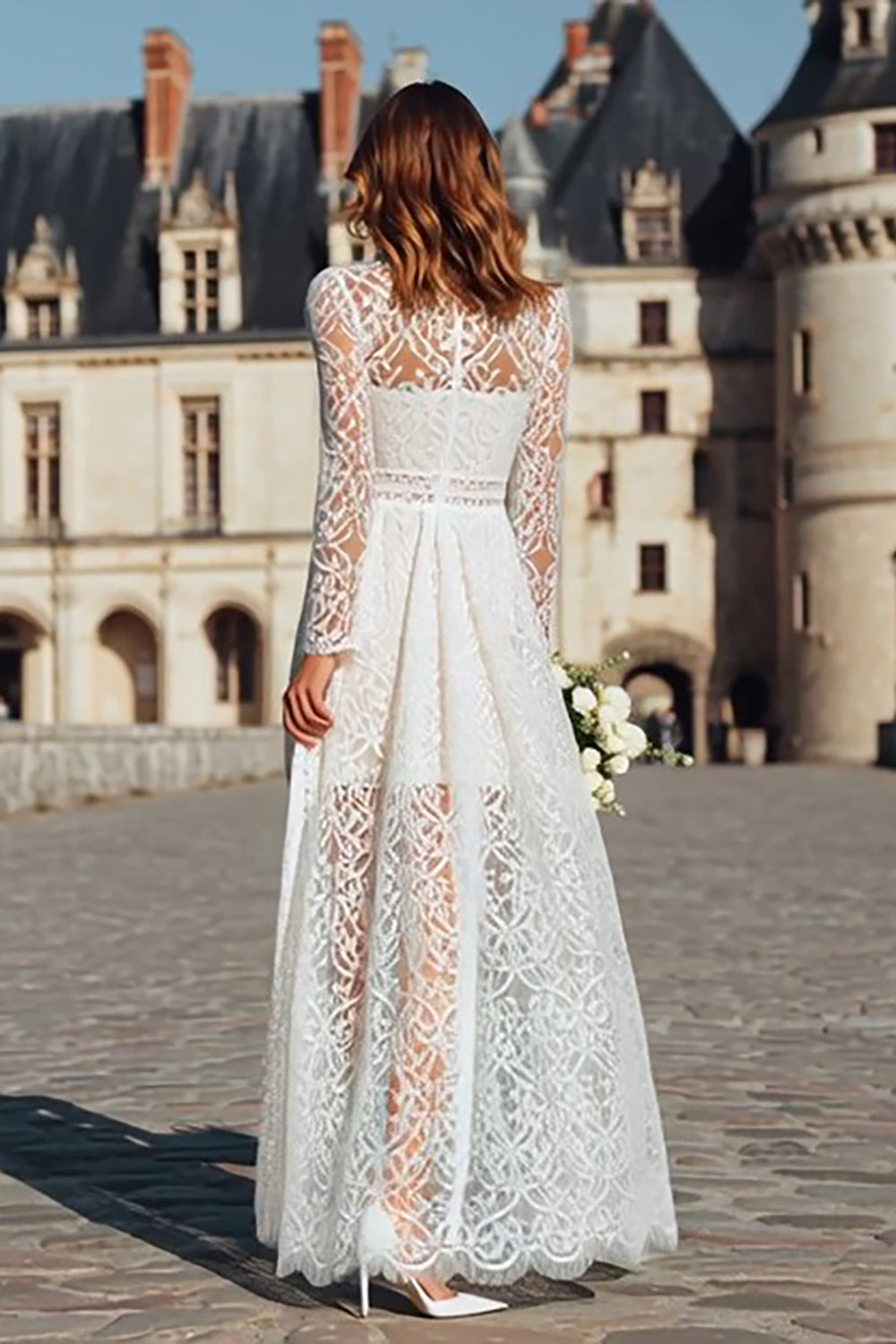Long Sleeve High Neck Ivory Engagement Dress with Lace