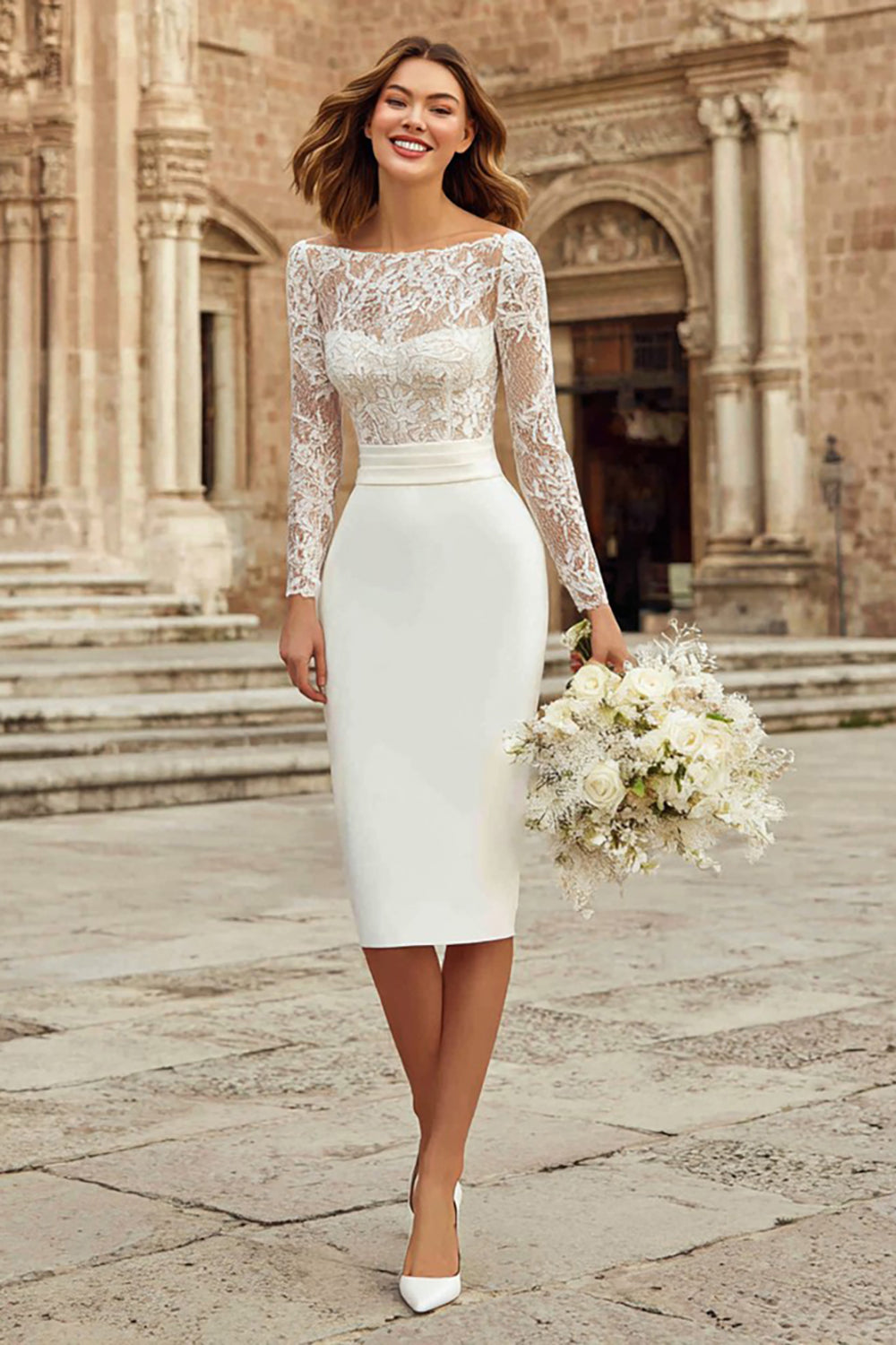 Ivory Long Sleeve Bodycon Lace Midi Engagement Dress