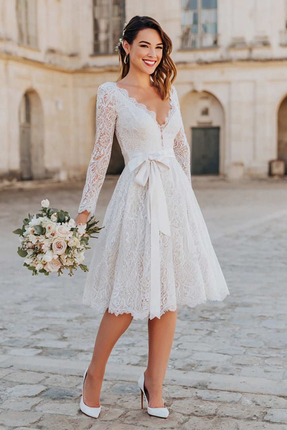 Long Sleeve Ivory A Line Lace Bowed Engagement Dress with Sash