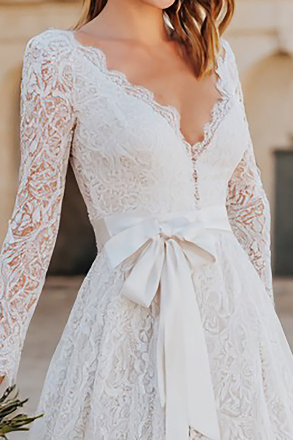 Long Sleeve Ivory A Line Lace Bowed Engagement Dress with Sash