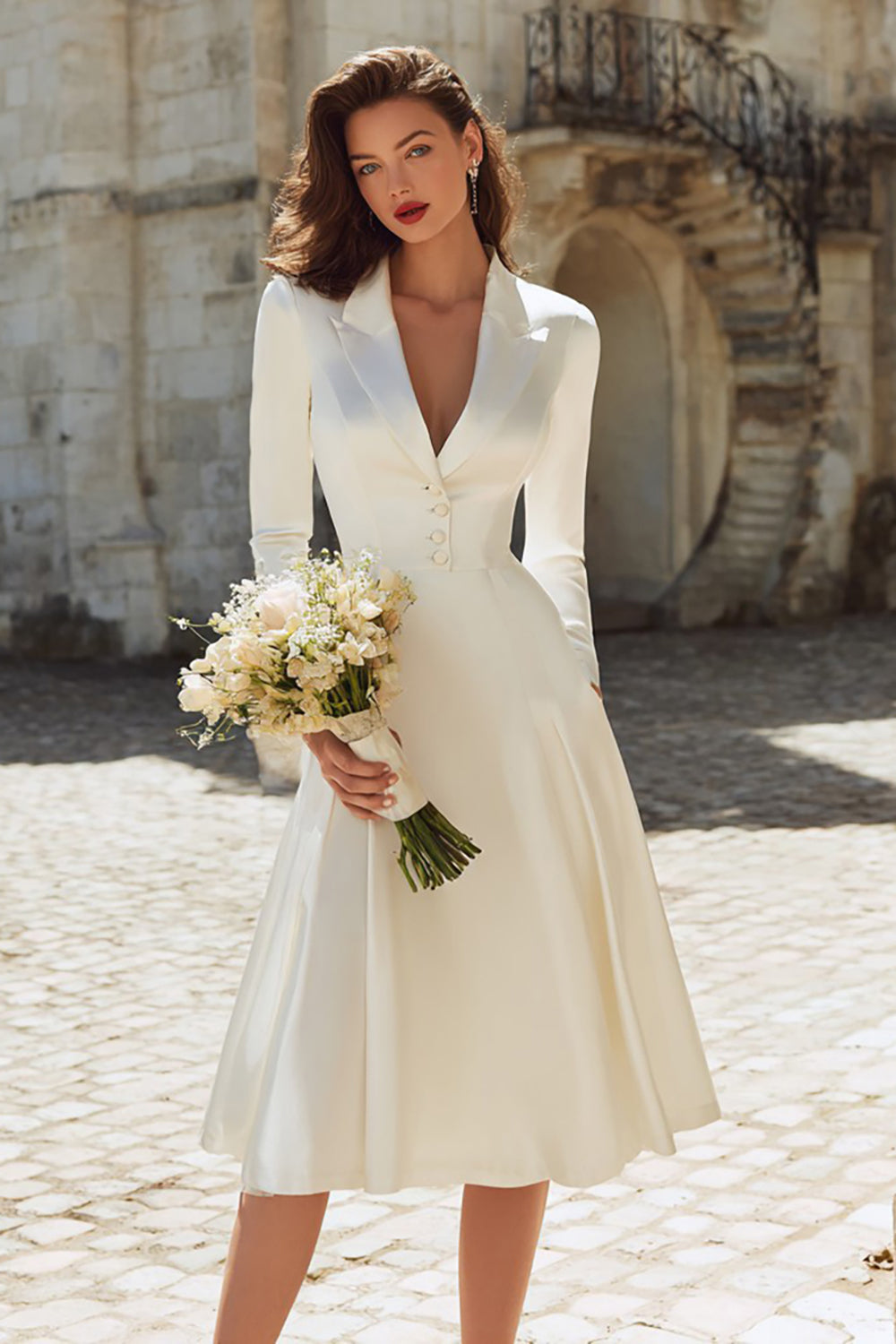 Peaked Lapel Long Sleeve Ivory A Line Satin Short Engagement Dress