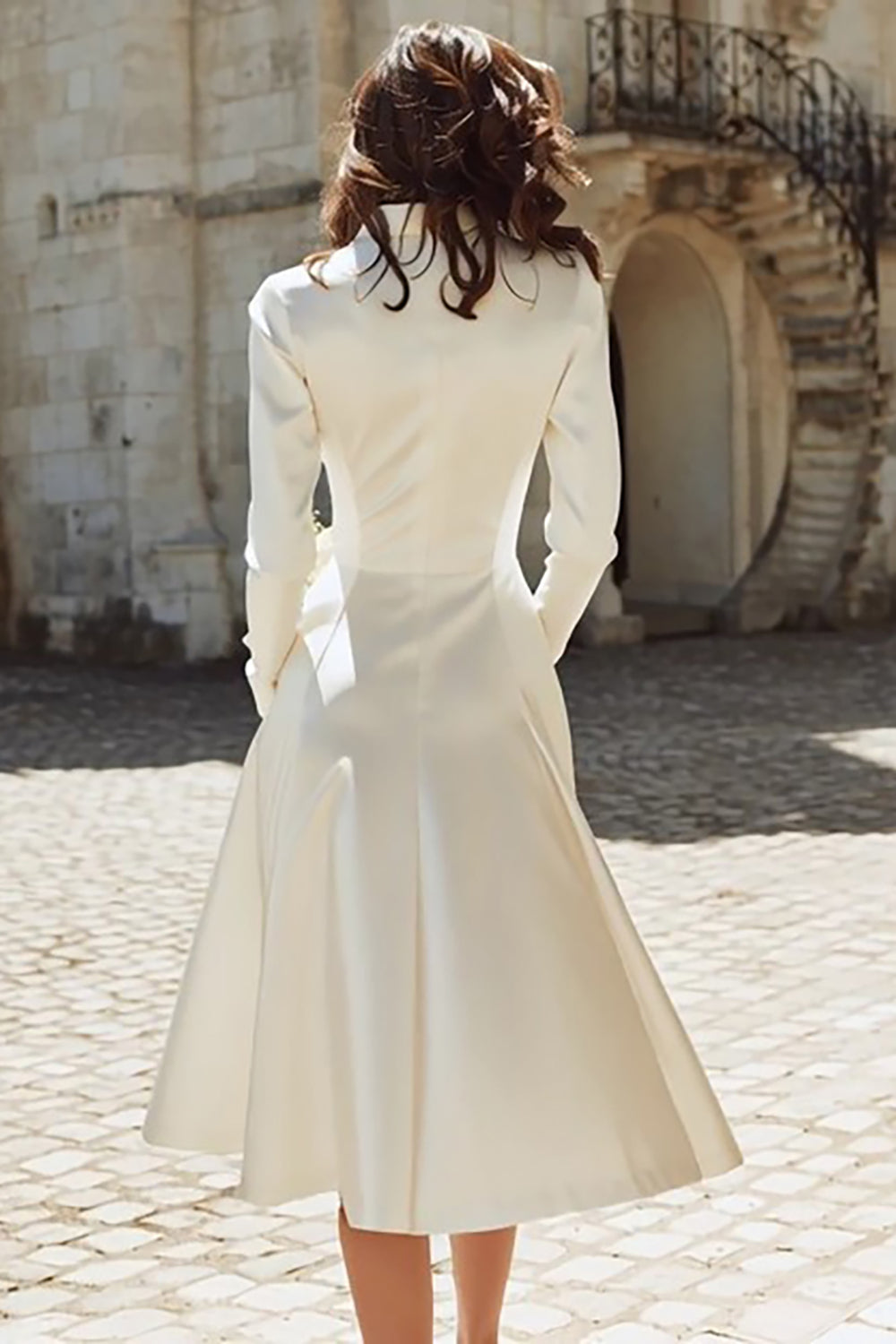 Peaked Lapel Long Sleeve Ivory A Line Satin Short Engagement Dress