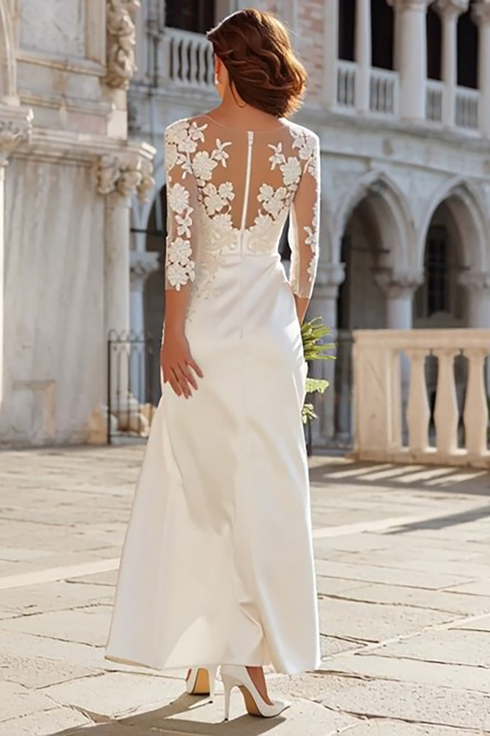 Ivory Long Sleeve Embroidered Satin Lace Engagement Dress