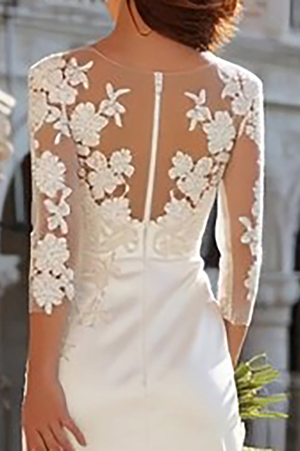 Ivory Long Sleeve Embroidered Satin Lace Engagement Dress