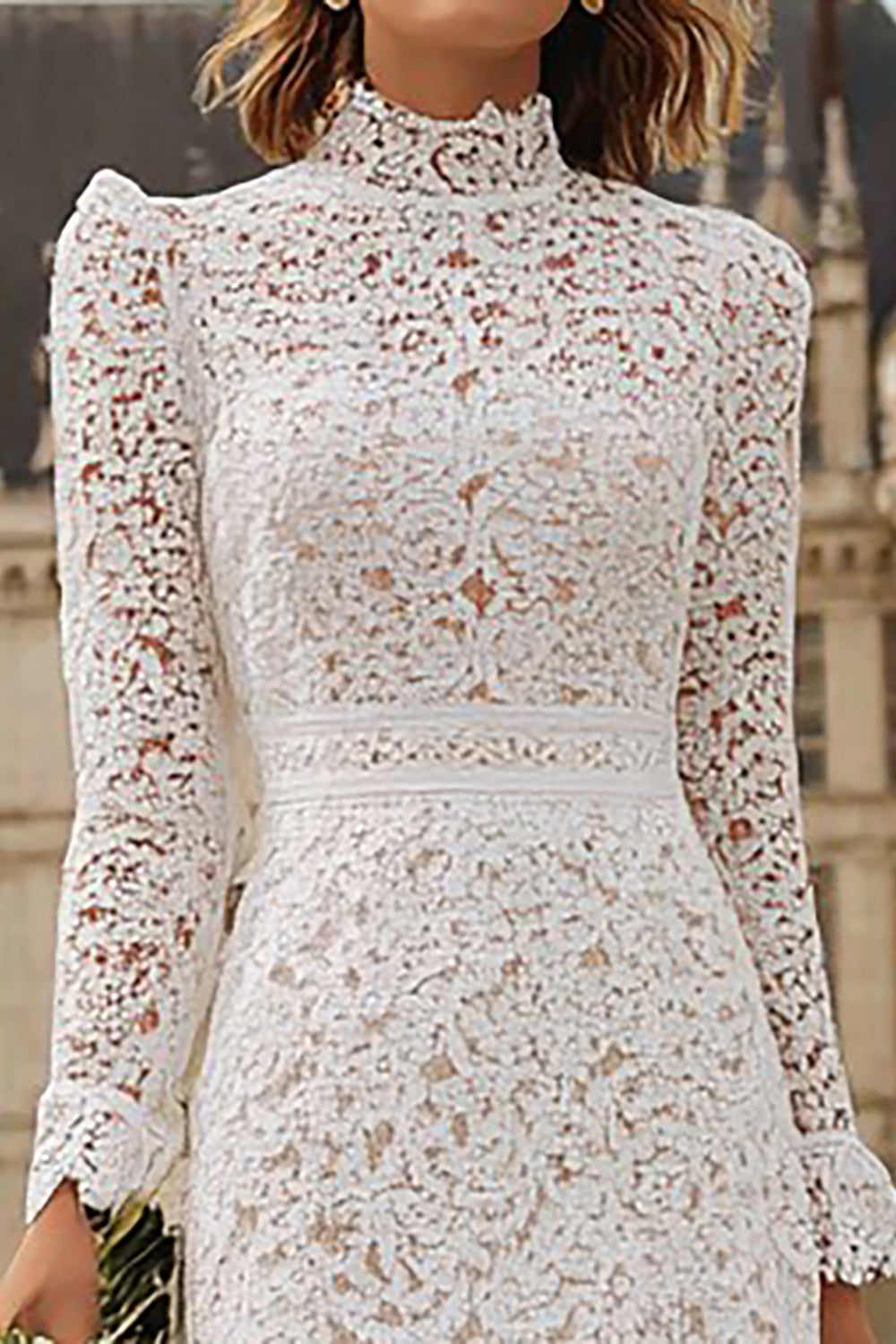 High Neck Ruffled Ivory Midi Lace Engagement Dress
