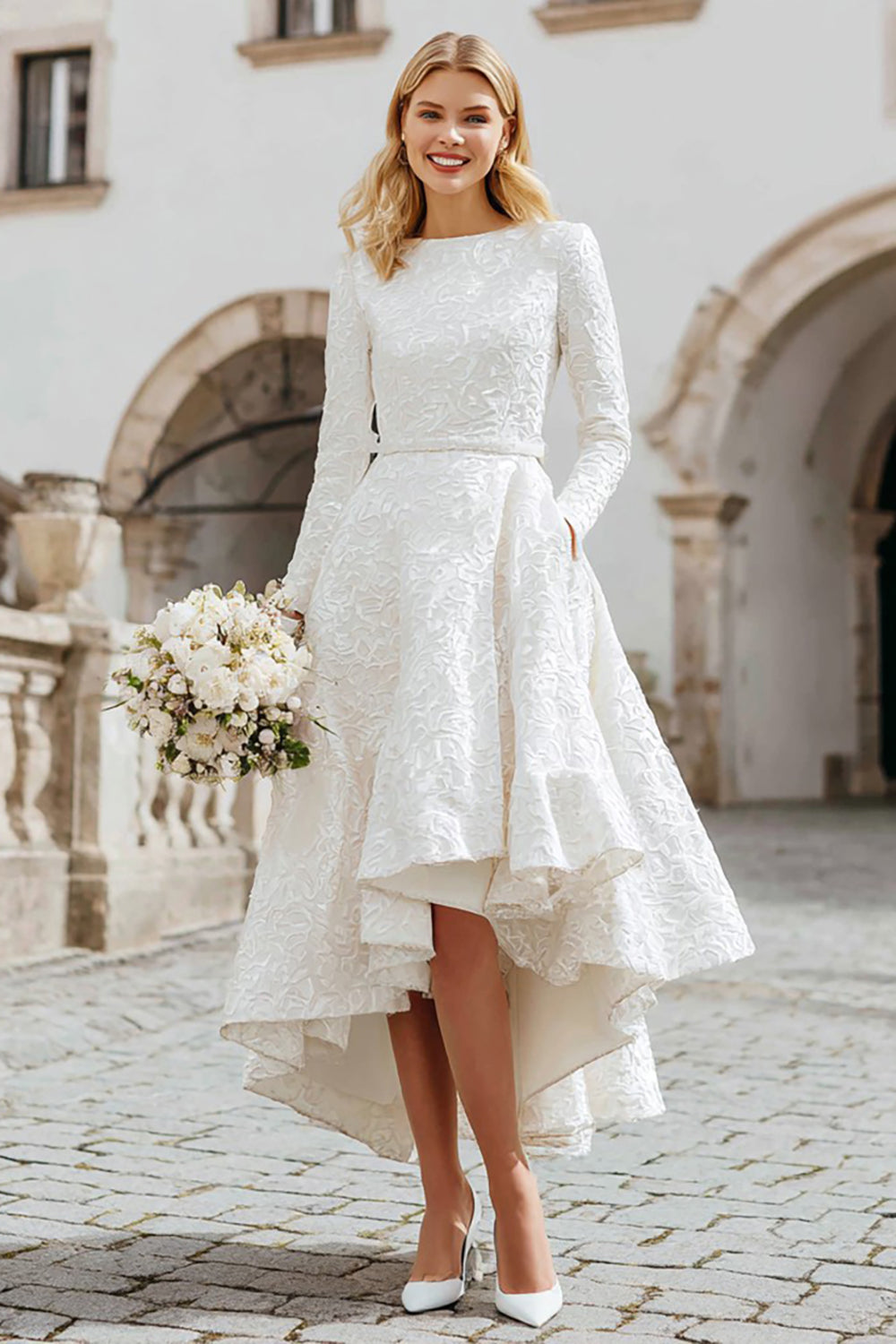 Long Sleeve Ivory A Line Engagement Dress with Lace