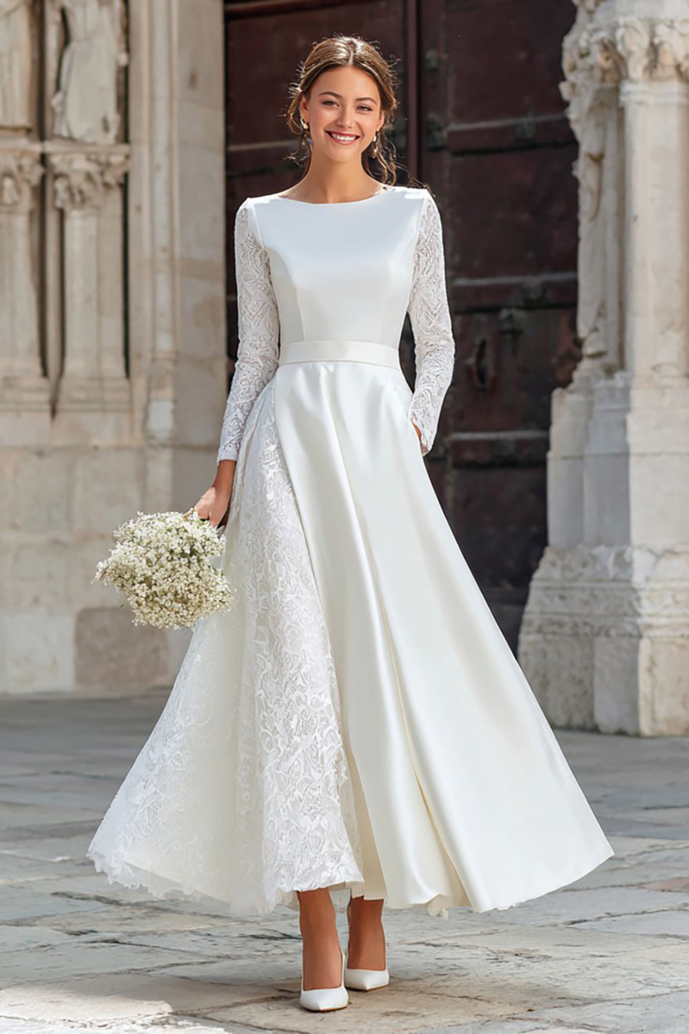 Ivory Long Sleeve Satin A Line Engagement Dress with Lace