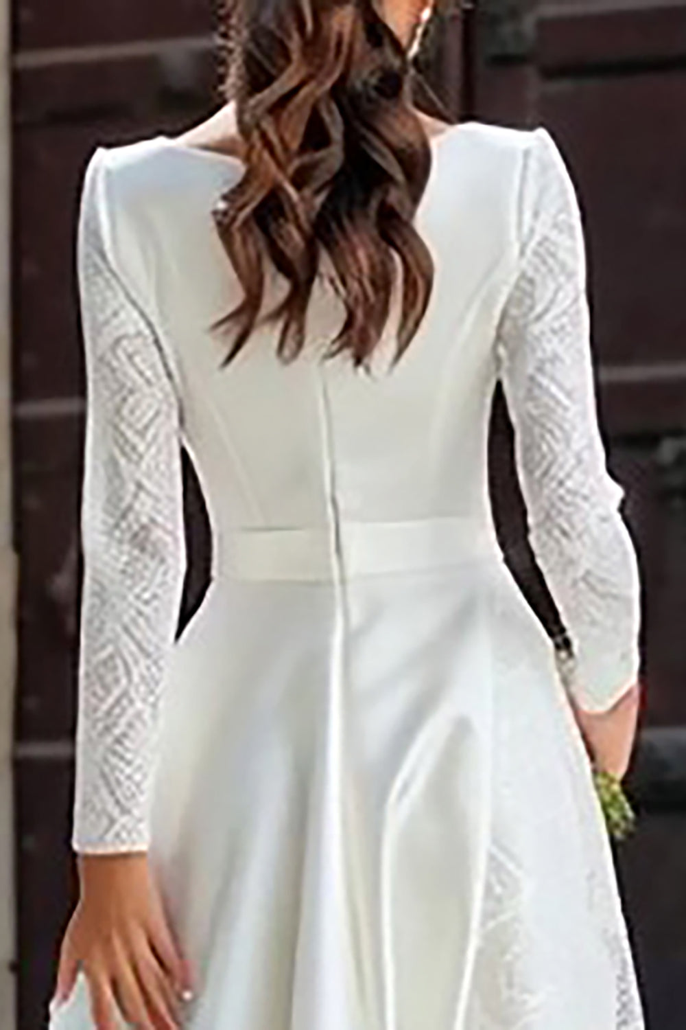 Ivory Long Sleeve Satin A Line Engagement Dress with Lace