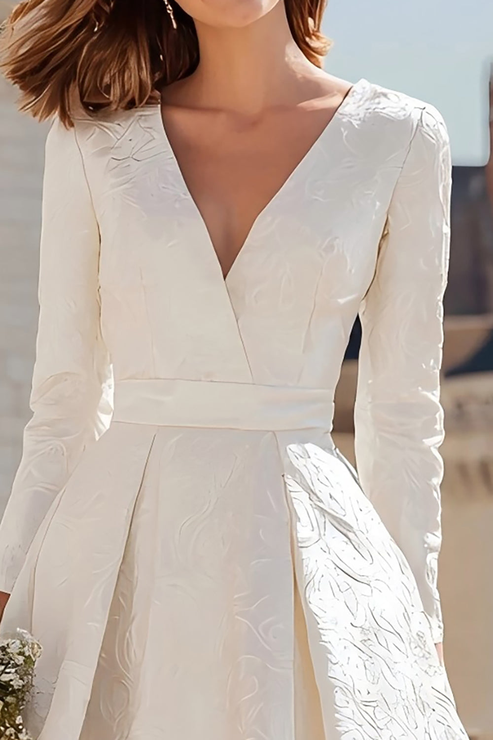 Long Sleeve V Neck Ivory Jacquard A Line Engagement Dress