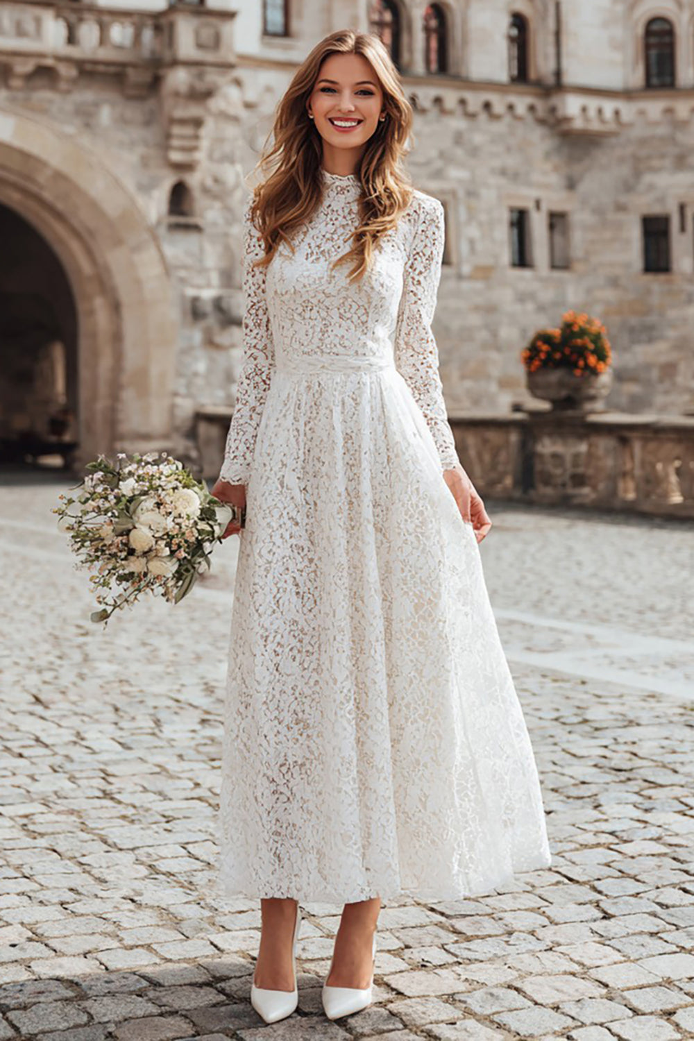 Long Sleeve A Line Ivory High Neck Engagement Dress