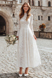 Long Sleeve A Line Ivory High Neck Engagement Dress