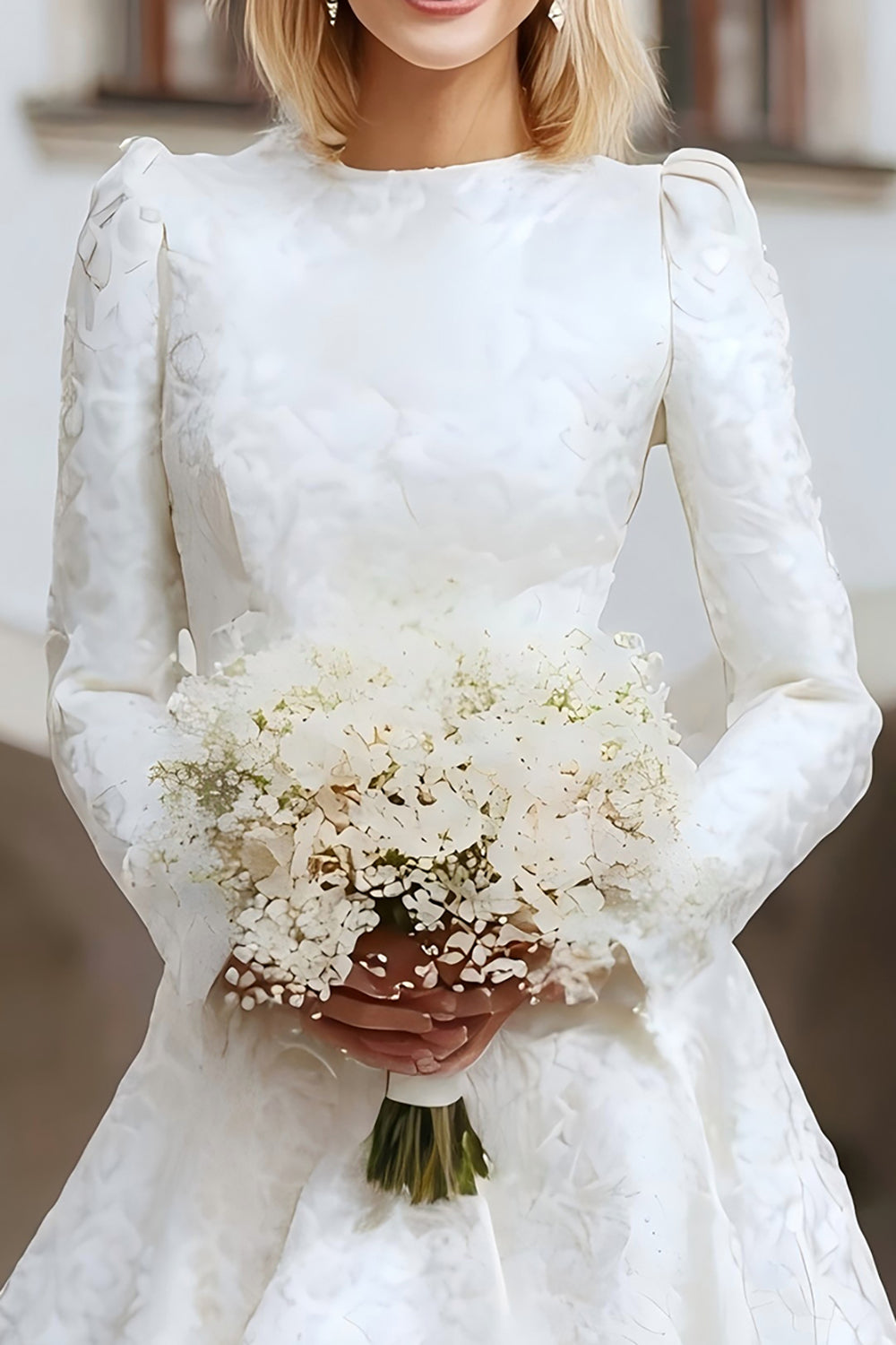 Round Neck A Line Ivory Long Sleeve Engagement Dress