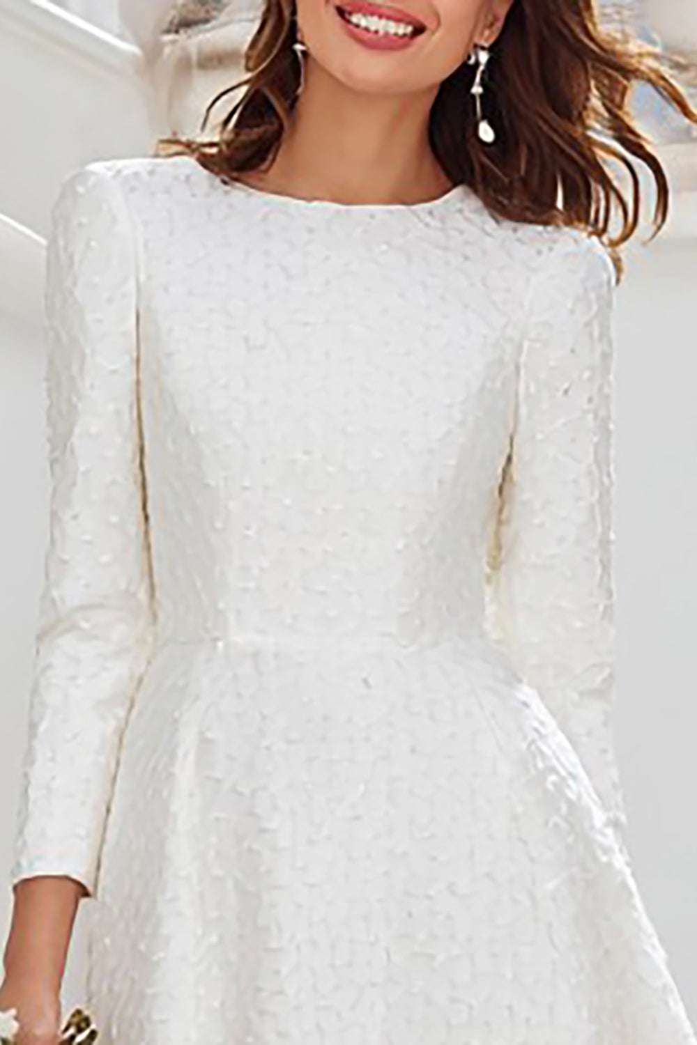 Long Sleeve A Line Ruffled Ivory Midi Engagement Dress