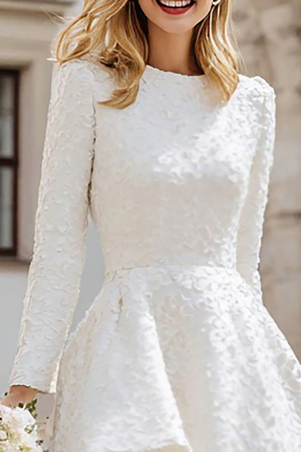 Long Sleeve A Line Ruffled Ivory Engagement Dress