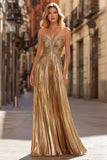 Gold Strapless Pleated A Line Prom Dress with Rhinestones