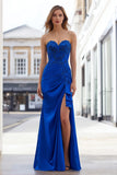 Strapless Embroidered Ruched Royal Blue Prom Dress