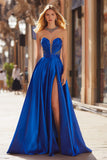 Strapless Royal Blue Ruched A Line Prom Dress