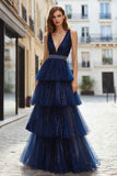 Glitter Tiered Navy V Neck Beaded A Line Prom Dress