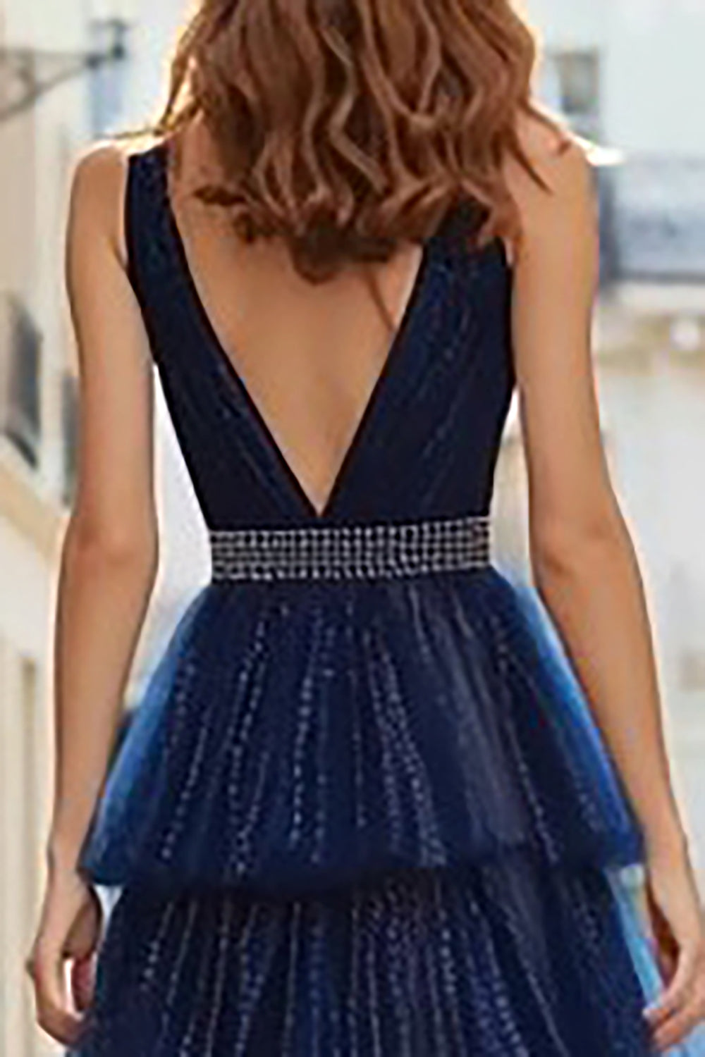 Glitter Tiered Navy V Neck Beaded A Line Prom Dress