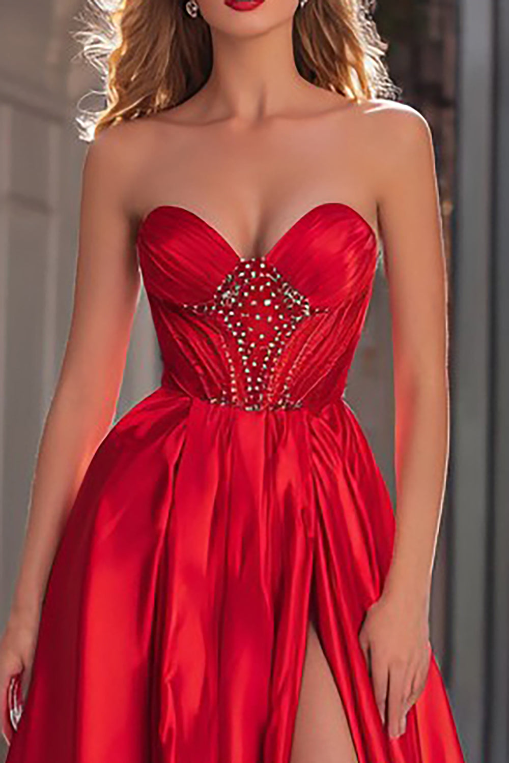 Beaded Strapless A Line Red Prom Dress