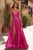 Spaghetti Straps A Line Pleated Fuchsia Prom Dress