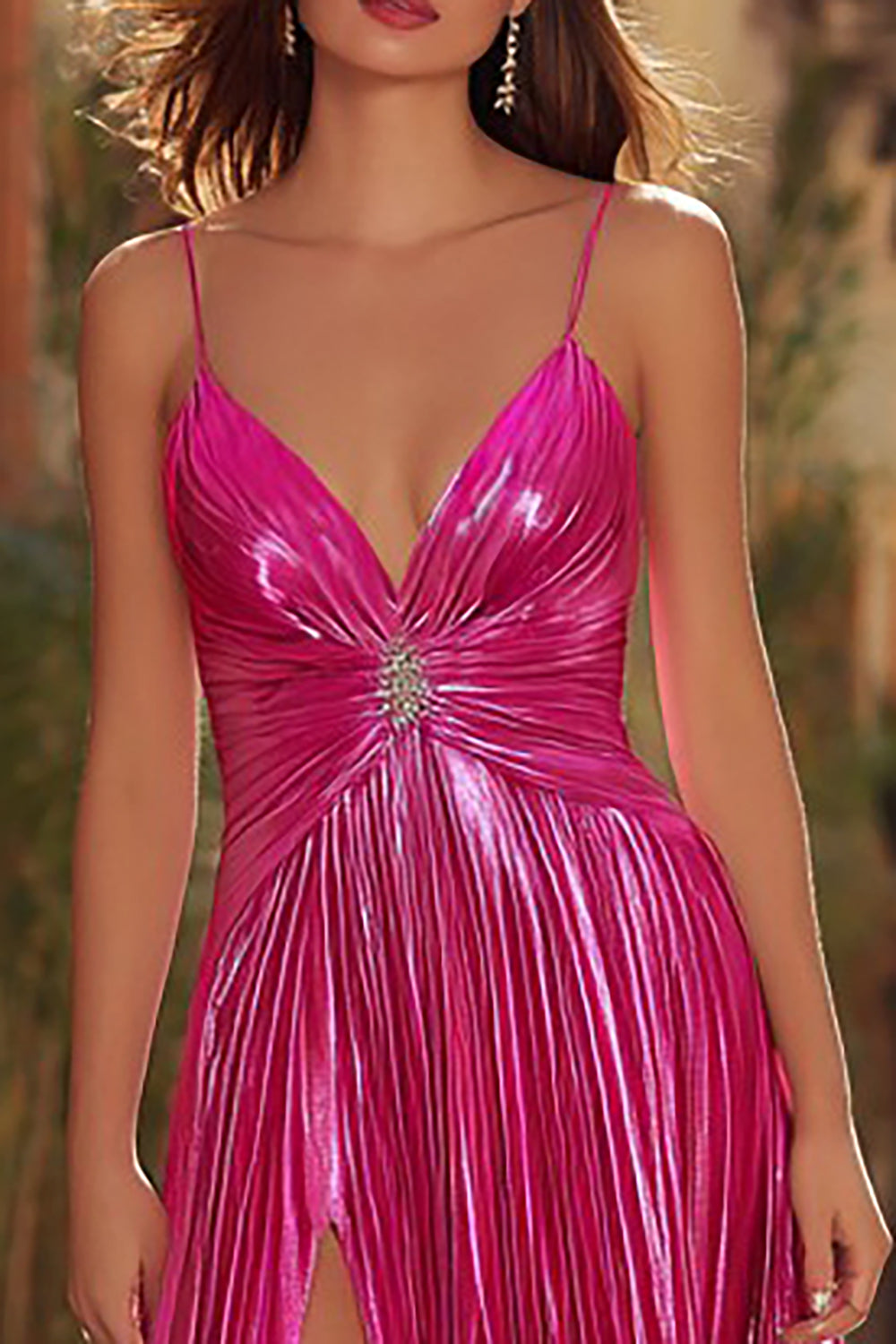 Spaghetti Straps A Line Pleated Fuchsia Prom Dress