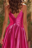 Spaghetti Straps A Line Pleated Fuchsia Prom Dress