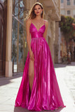 Fuchsia A Line Spaghetti Straps Pleated Prom Dress with Slit