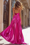 Fuchsia A Line Spaghetti Straps Pleated Prom Dress with Slit