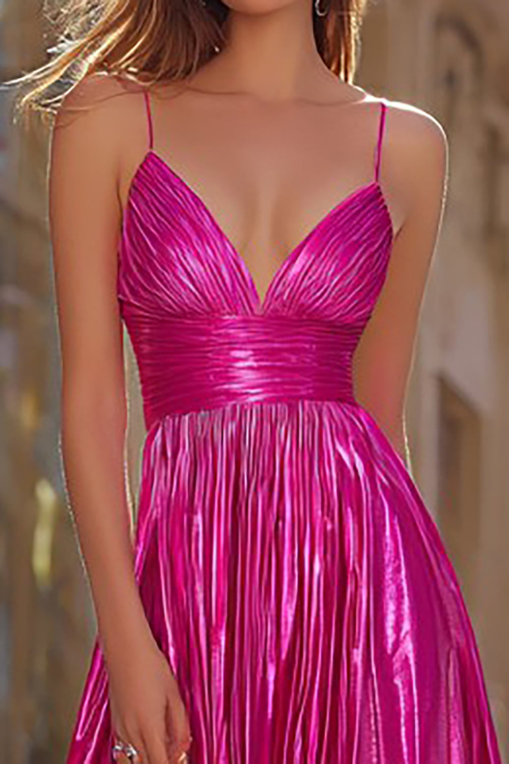 Fuchsia A Line Spaghetti Straps Pleated Prom Dress with Slit