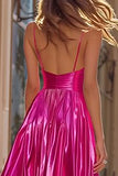 Fuchsia A Line Spaghetti Straps Pleated Prom Dress with Slit